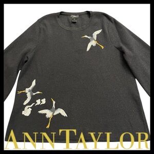 Ann Taylor Factory Black/Metallic Crane Crew Neck Bell Sleeve Sweater (LP)